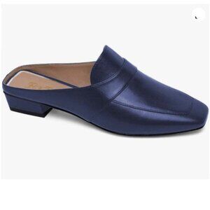 Women Luxury Leather Mules, Closed Square Toe Loafer, Med Chunky Heel Mules Blue